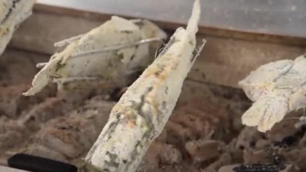 Pesce grigliato salato che rotola con la stufa a carbone — Video Stock