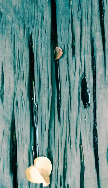 潮湿的木头桌子木板与干的树叶背景 — 图库照片