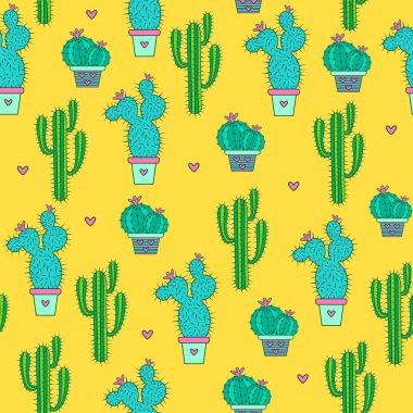 Kaktüsler Dikişsiz desen sarı bir arka plan üzerinde.