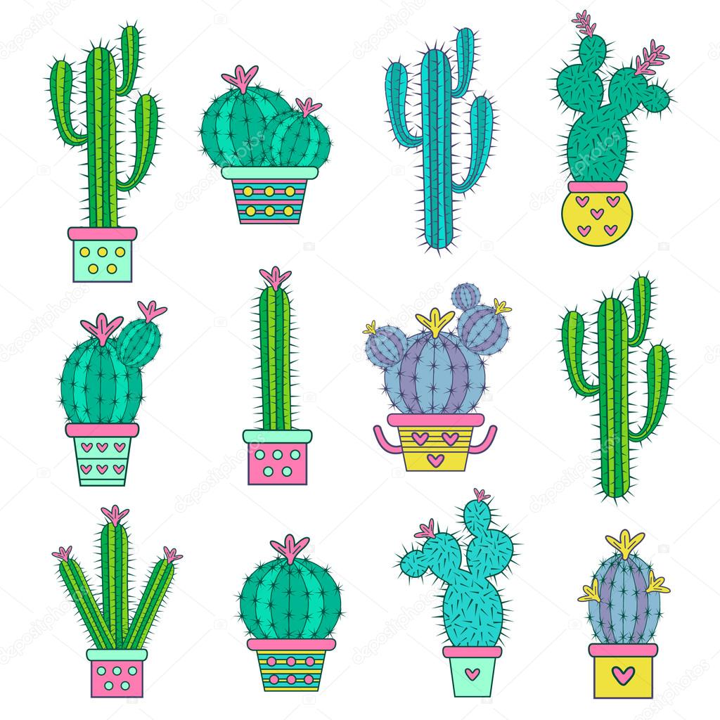 Set  hand drawn  abstract cactuses. 