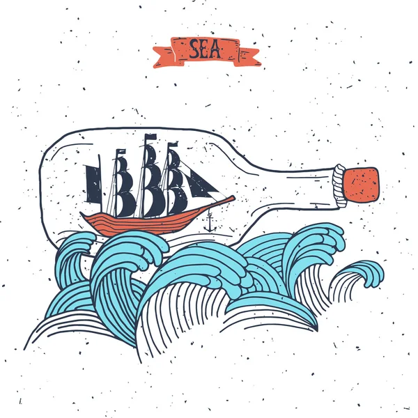 Nave de vela en la botella — Vector de stock