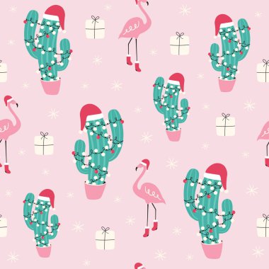 Sevimli Noel kaktüsüyle kusursuz desen. Vektör illüstrasyonları