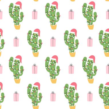 Sevimli Noel kaktüsüyle kusursuz desen. Vektör illüstrasyonları