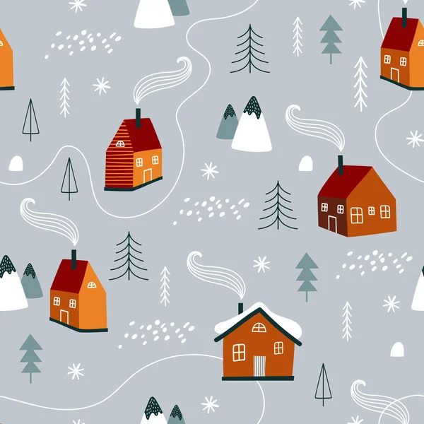 Padrão Inverno Com Árvore Natal Casa Ilustrações Vetoriais — Vetor de Stock
