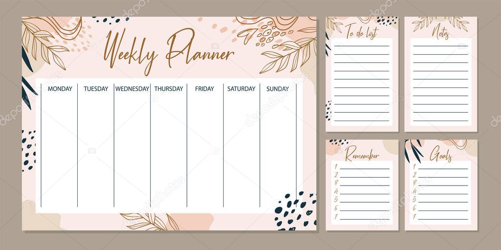 Weekly planner with various shapes, leaves and doodle objects. Modern art. Minimalist shapes in pastel tone. Trendy vector illustrations 