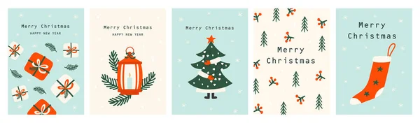 Набор Рождественских Открыток Елкой Элементы Рождества Векторные Иллюстрации — стоковый вектор