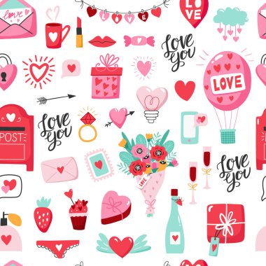 Sevgililer Günü için kusursuz bir desen. Beyaz arka planda kalp ve diğer elementler var. Sevgililer günü, düğün ve aşk konsepti. Vektör illüstrasyonları