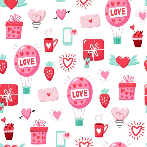 Nahtloses Muster Zum Valentinstag Mit Herz Und Anderen Elementen Auf — Stockvektor