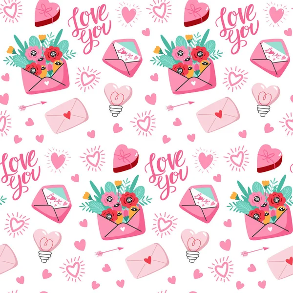 Nahtloses Muster Zum Valentinstag Mit Herz Und Anderen Elementen Auf — Stockvektor