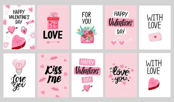 手描き文字とかわいい要素を持つバレンタインデーカードセット カード ポスター パンフレット バレンタインデー 結婚式 誕生日に最適です ベクターイラスト — ストックベクタ