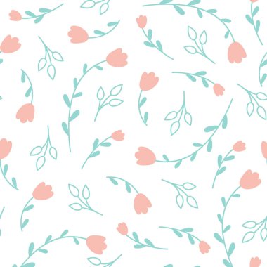 Çiçek ve yapraklı çiçek deseni. Küçük çiçekli şirin bir desen. Vektör illüstrasyonu