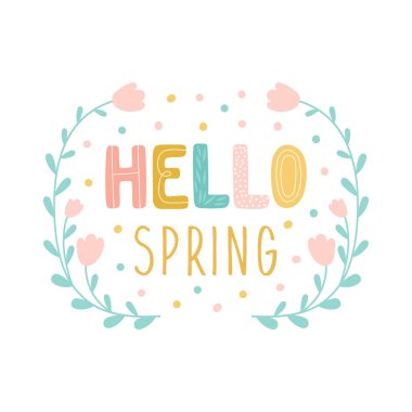 Merhaba bahar tebrik kartı. Çiçeklerle çizilmiş el çizimi. Vektör illüstrasyonu