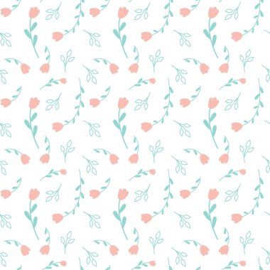 Çiçek ve yapraklı çiçek deseni. Küçük çiçekli şirin bir desen. Vektör illüstrasyonu