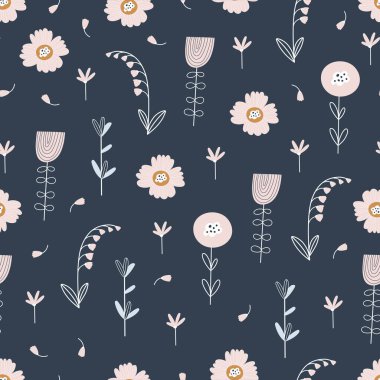 Çiçek ve yapraklı çiçek deseni. Küçük çiçekli şirin bir desen. Vektör illüstrasyonu 