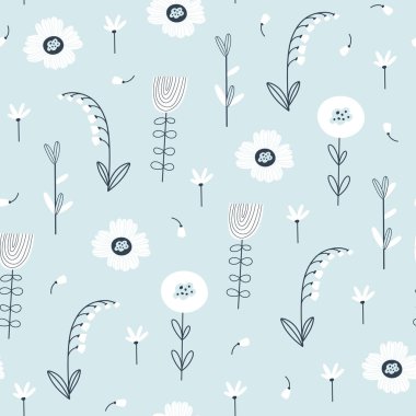 Çiçek ve yapraklı çiçek deseni. Küçük çiçekli şirin bir desen. Vektör illüstrasyonu 