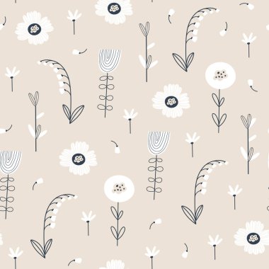 Çiçek ve yapraklı çiçek deseni. Küçük çiçekli şirin bir desen. Vektör illüstrasyonu 