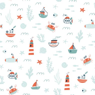 Gemiler, denizaltılar, yelkenliler, yatlar kusursuz. Deniz taşımacılığı. Tekstil ve kumaş için güzel bir karikatür. Çocuksu bir parmak izi. Vektör illüstrasyonları