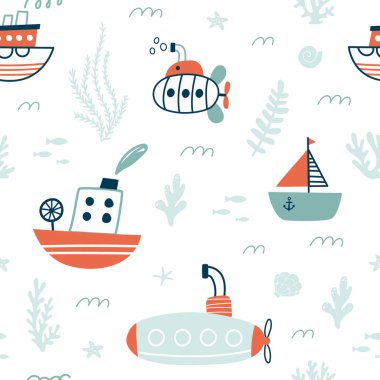 Gemiler, denizaltılar, yelkenliler, yatlar kusursuz. Deniz taşımacılığı. Tekstil ve kumaş için güzel bir karikatür. Çocuksu bir parmak izi. Vektör illüstrasyonları