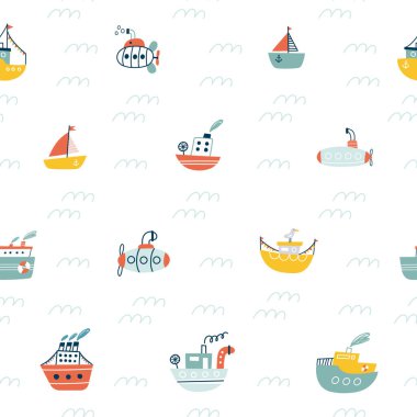 Gemiler, denizaltılar, yelkenliler, yatlar kusursuz. Deniz taşımacılığı. Tekstil ve kumaş için güzel bir karikatür. Çocuksu bir parmak izi. Vektör illüstrasyonları