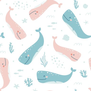 Şirin balinayla kusursuz desen. Çocuksu bir parmak izi. Vektör illüstrasyonları