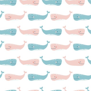 Şirin balinayla kusursuz desen. Çocuksu bir parmak izi. Vektör illüstrasyonları