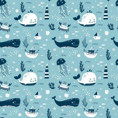 Deniz hayvanları kusursuz desenli. Çocuksu bir parmak izi. Deniz altı sakinleri, Ctopus, balina, balık, yengeç, deniz taşımacılığı. Vektör illüstrasyonu.