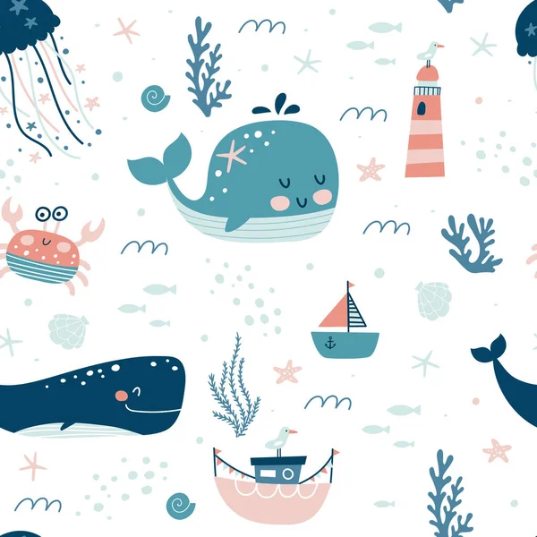 Mořská Zvířata Hladký Vzor Dětský Otisk Obyvatelé Podmořského Světa Chobotnice — Stockový vektor