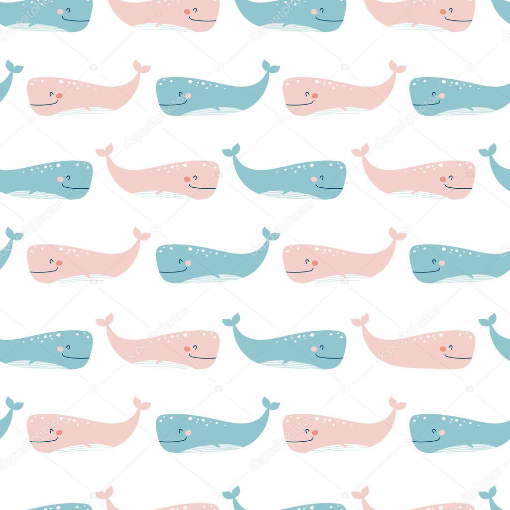 Seamless pattern with cute whale. Childish print. Vector illustrations