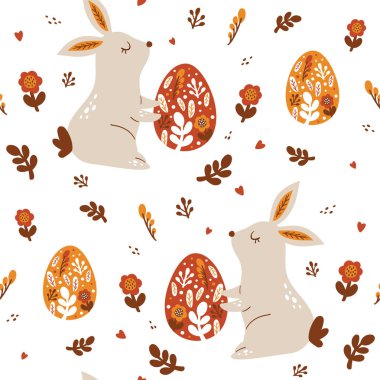 Moda tarzında tavşanlı, kusursuz paskalya şablonunuz kutlu olsun. Halk sanatı. Vektör illüstrasyonu