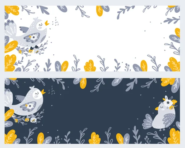 Σύνολο Πανό Χαριτωμένα Πουλιά Και Λουλούδια Εικονογράφηση Διανύσματος — Διανυσματικό Αρχείο