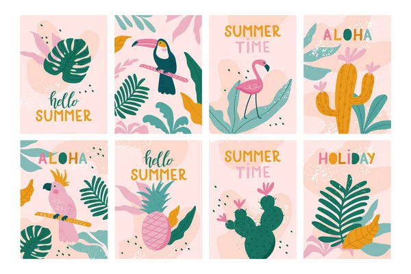 夏休みカードのセット タオカンス フラミンゴ オウム サボテン 流行のスタイルでエキゾチックな葉で美しいポスターを描いた手 ベクトル — ストックベクタ