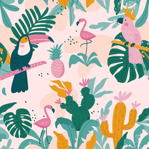 Tropikalny Bezszwowy Wzór Tukanem Flamingami Papugą Kaktusami Egzotycznymi Liśćmi Wektor — Wektor stockowy