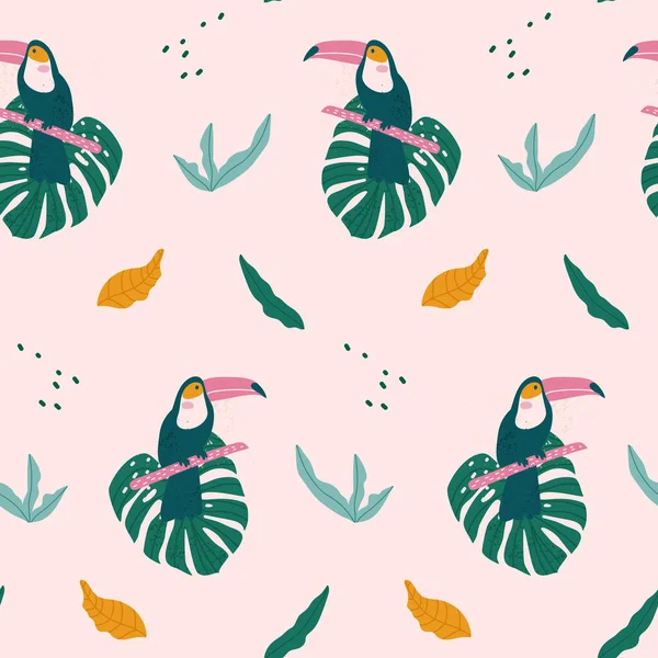 Modèle Tropical Sans Couture Avec Toucan Feuilles Exotiques Illustration Vectorielle — Image vectorielle