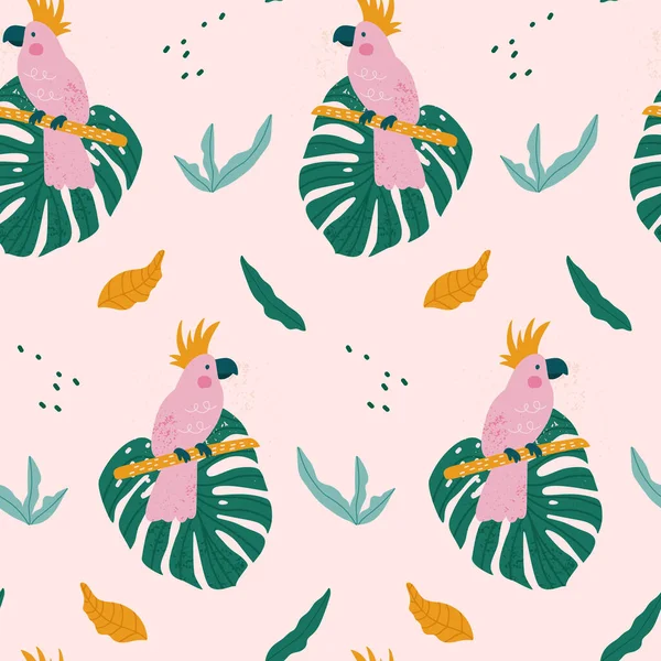 Motif Tropical Sans Couture Avec Perroquet Feuilles Exotiques Vecteur — Image vectorielle