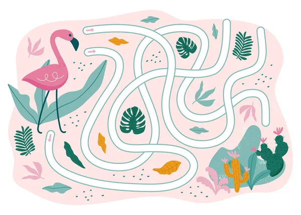 Gioco Del Labirinto Estivo Flamingo Verso Mare Gioco Bambini Illustrazione — Vettoriale Stock