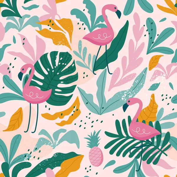 Tropisch Naadloos Patroon Met Flamingo Exotische Bladeren Vectorillustratie — Stockvector