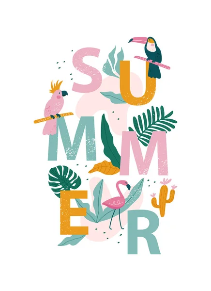 夏休みカード サボテン フラミンゴ タオカン エキゾチックな葉 流行のスタイルでモンスターと美しいポスターを描いた手 ベクターイラスト — ストックベクタ