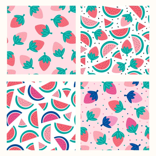 Set Mit Wassermelone Und Erdbeere Auf Rosa Hintergrund Vektorillustration — Stockvektor