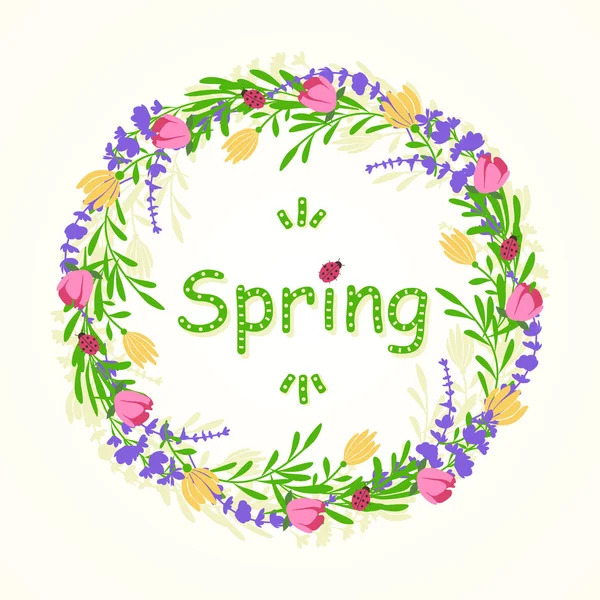 Round frame of spring with flowers and leaves. — Stock Vector