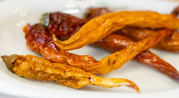 Pimienta Seca Crujiente Pimientos Rojos Picantes Servidos Plato — Foto de Stock