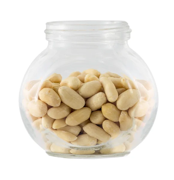 Amendoins crus em pequena tara de vidro — Fotografia de Stock