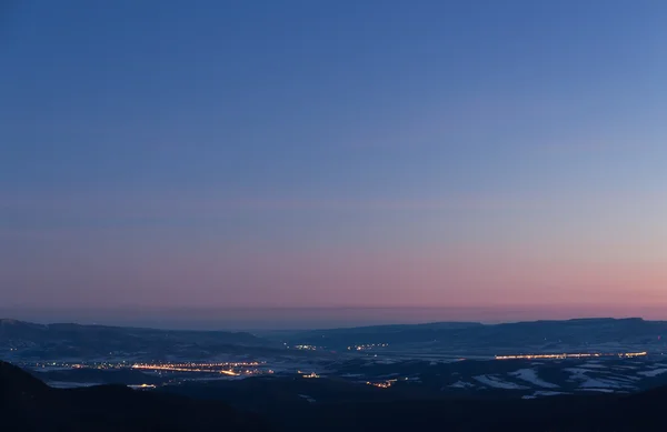 Winter Early Morning View Mountains Valley Towns Emitting Light Blue — Stock Photo, Image