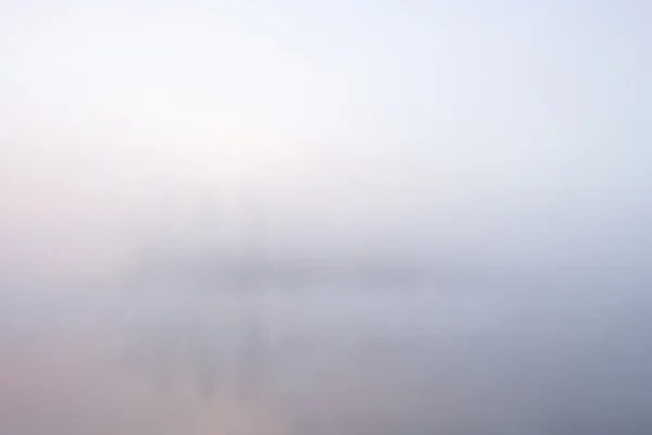 自然雾蒙蒙的 早晨通过雾 可以看到树木及其在水面 中的倒影 颜色是浅粉色和浅蓝色 可用作墙纸或背景 — 图库照片