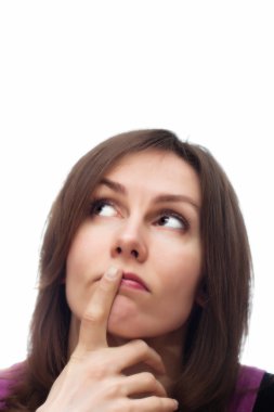 Yukarı doğru seyir Toughtful kız beyaz izole