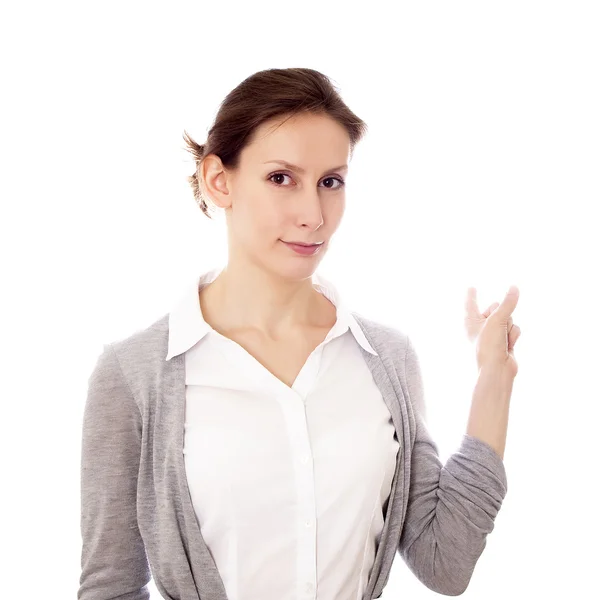 Woman pointing open space — Stock Photo, Image