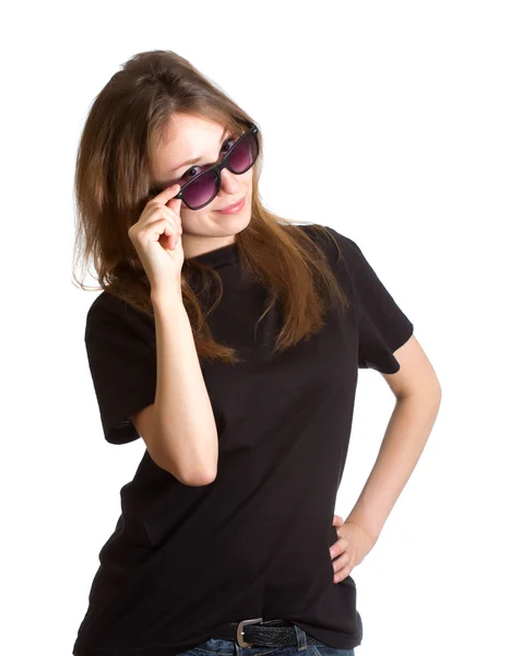 Chica gafas de sol aislado blanco — Foto de Stock