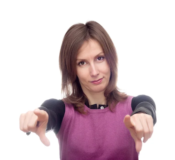 Young woman pointing both hands towards — Stock Photo, Image