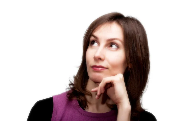 Woman  thoughtful looking upward isolated white — Stock Photo, Image