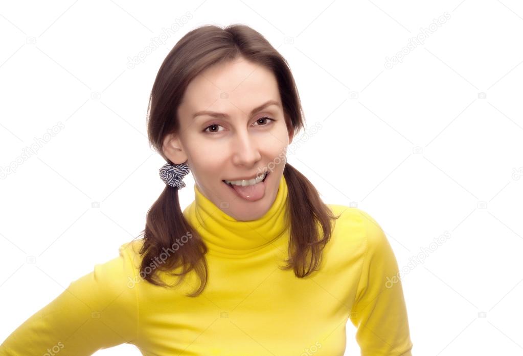 Woman showing tongue isolated white