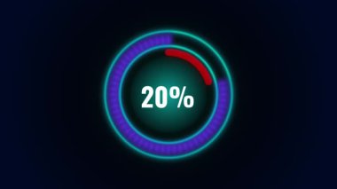 Gelecekçi yüzde çember animasyonu, merkezinde 0 ile 100% arasında bir sayacı olan canlı bir halka gösteriyor. İlerleme göstergeleri, göstergeler, yükleme ekranları ve modern teknoloji görselleri için mükemmel.